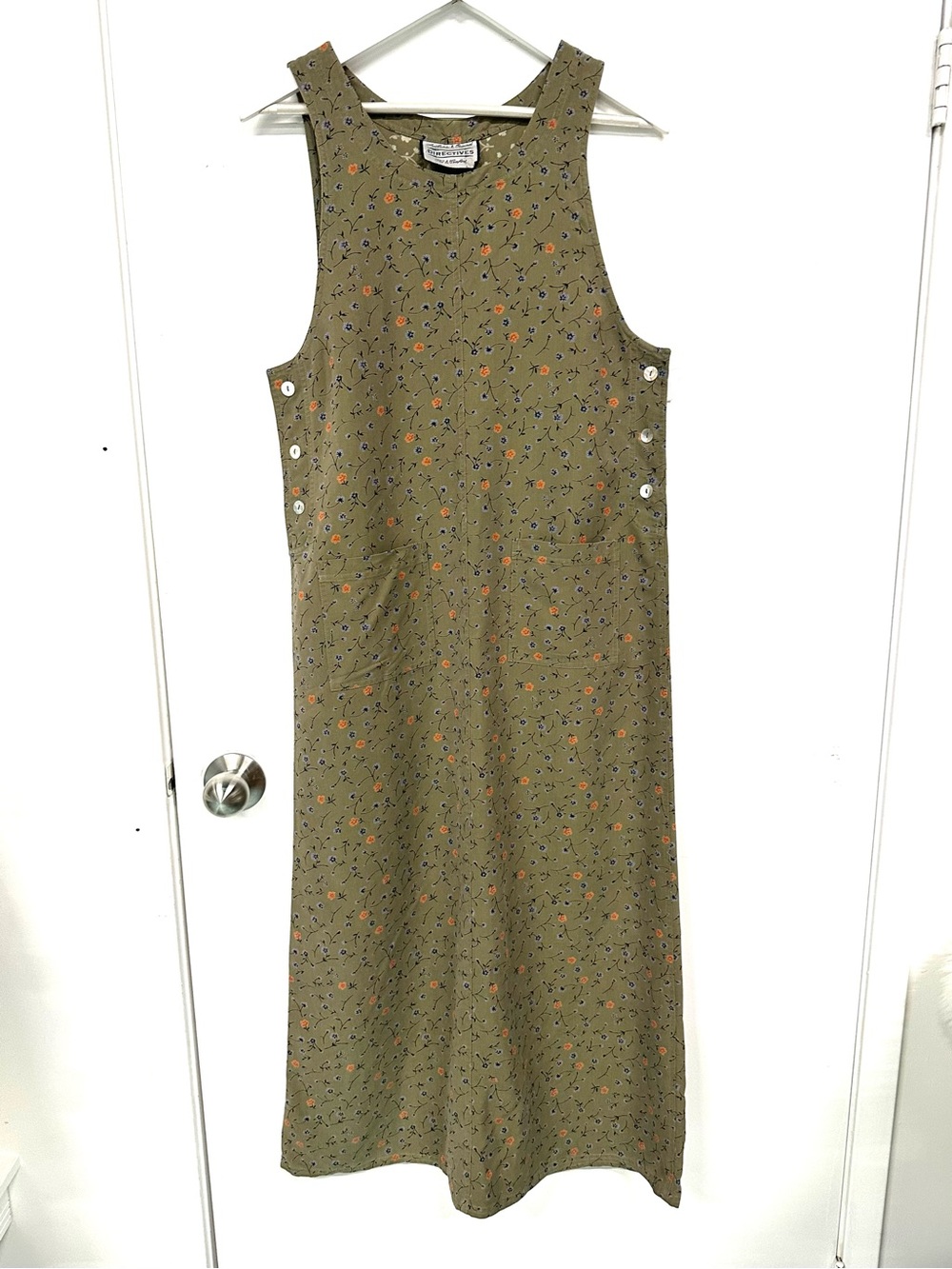 True Vintage 90s Ditsy Floral Maxi Jumper Olive Dress Pinafore Medium Prairie - Picture 9 of 9